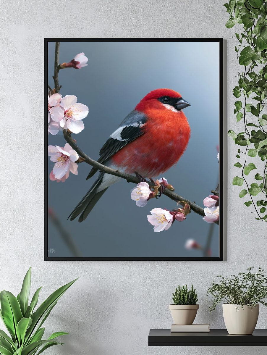 Red Bird on Blossom Branch Poster. — room view 4