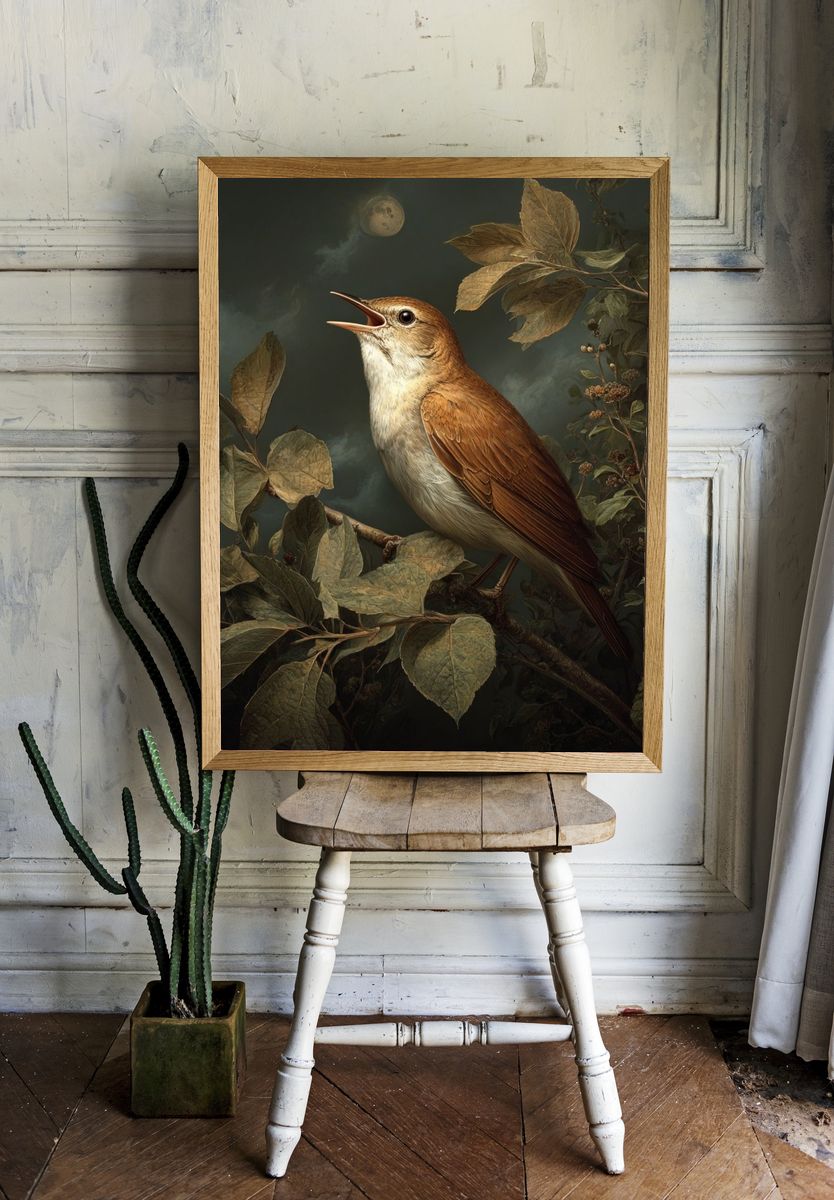 Singing Bird at Night — Fine Art Print. — room view 1