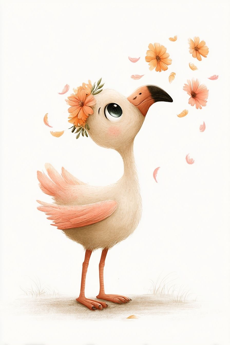 Whimsical Bird with Flowers — Illustration Print. poster — illustration art