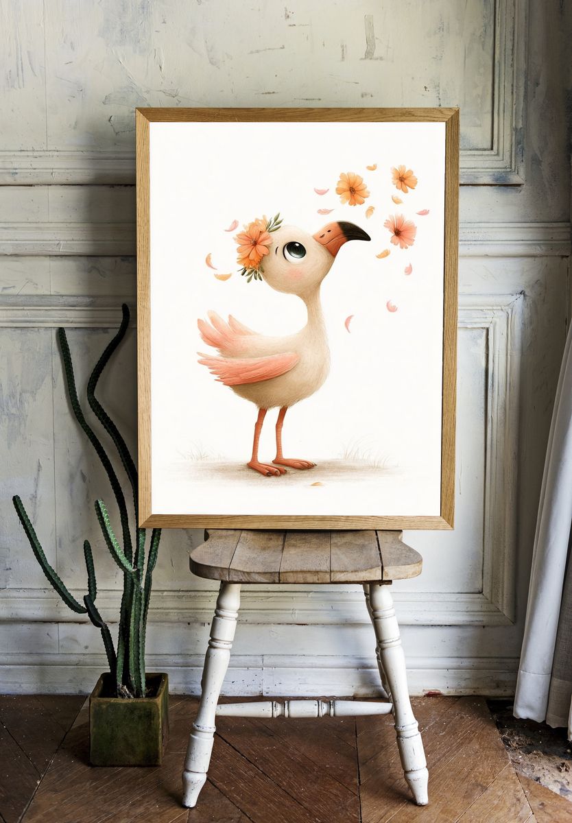 Whimsical Bird with Flowers — Illustration Print. room preview