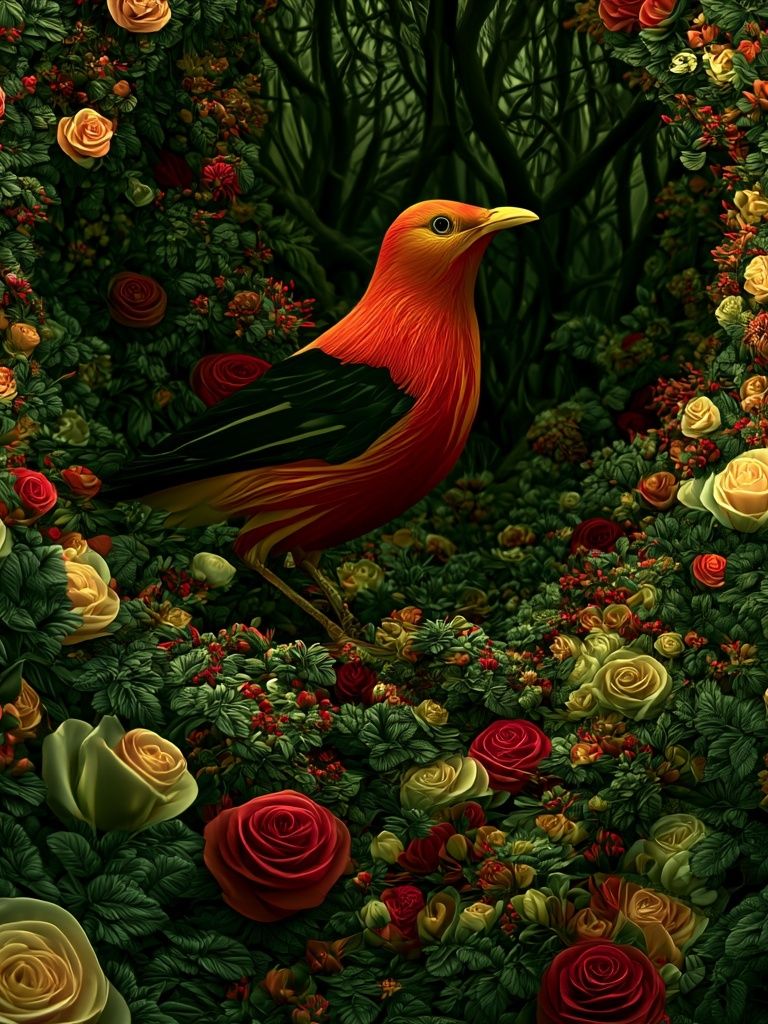 Golden Bird in Rose Garden Poster. poster detail