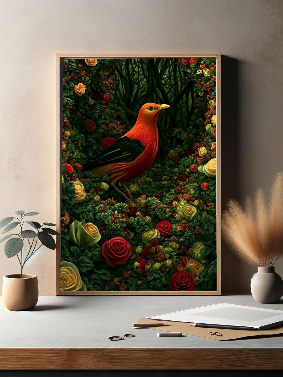 Golden Bird in Rose Garden Poster. — room view 2
