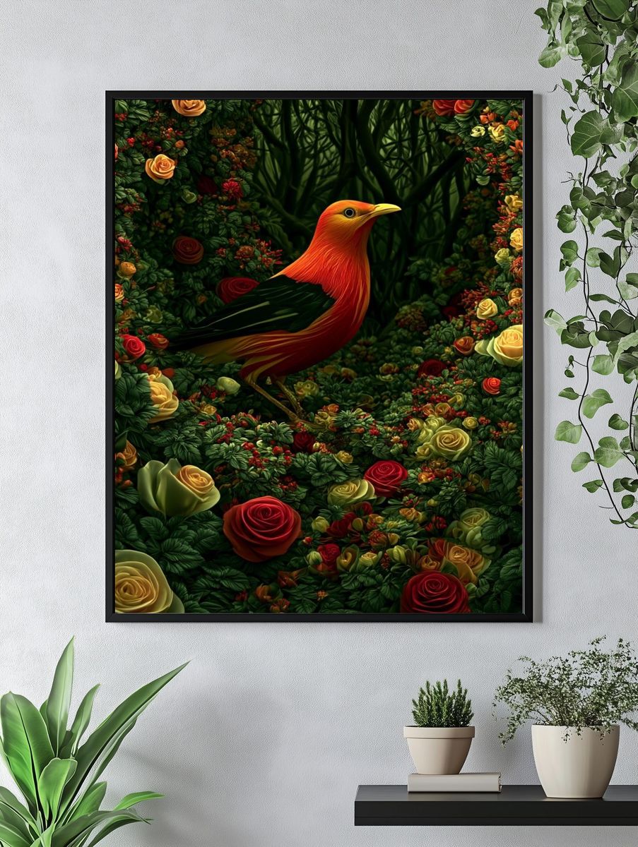 Golden Bird in Rose Garden Poster. — room view 4