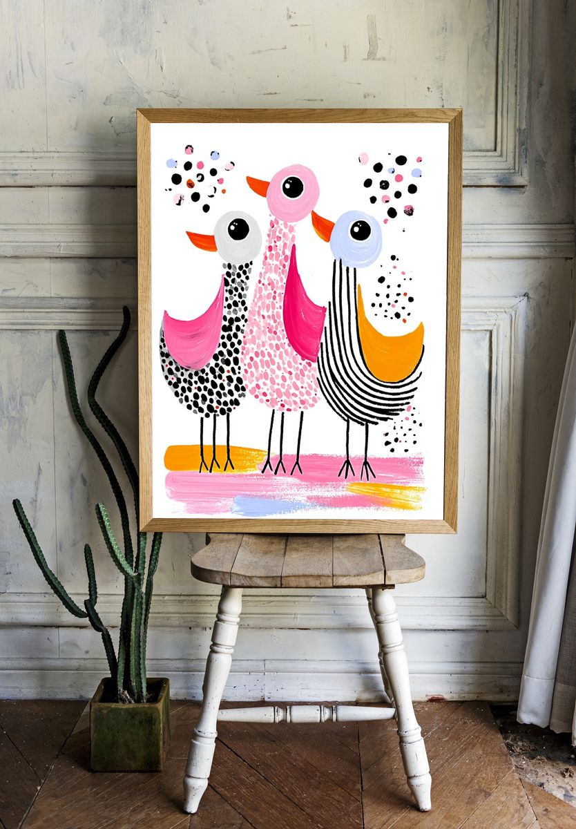 Playful Birds Illustration Poster. — room view 1