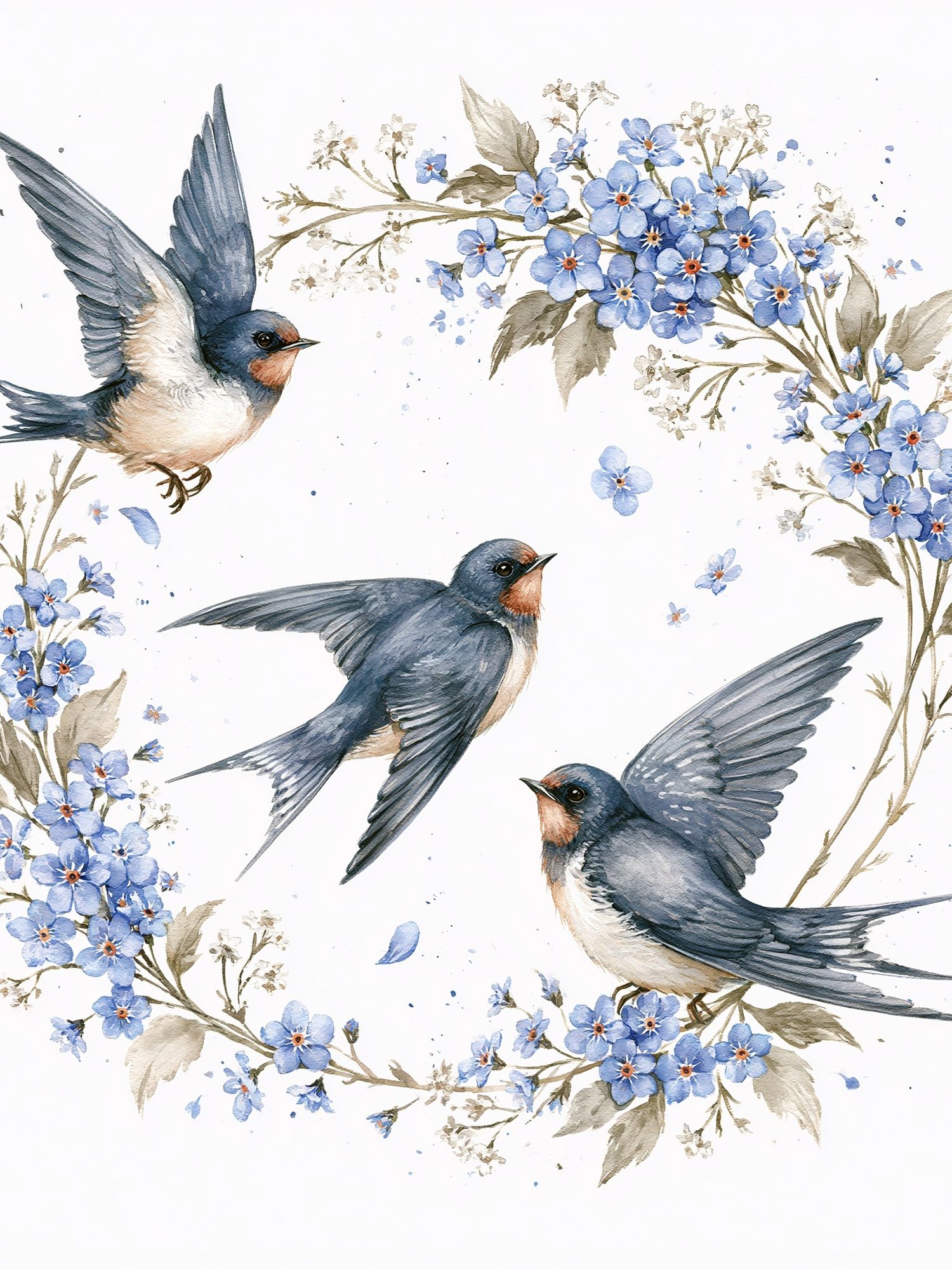 Swallows and Blue Flowers Watercolor Poster. poster detail