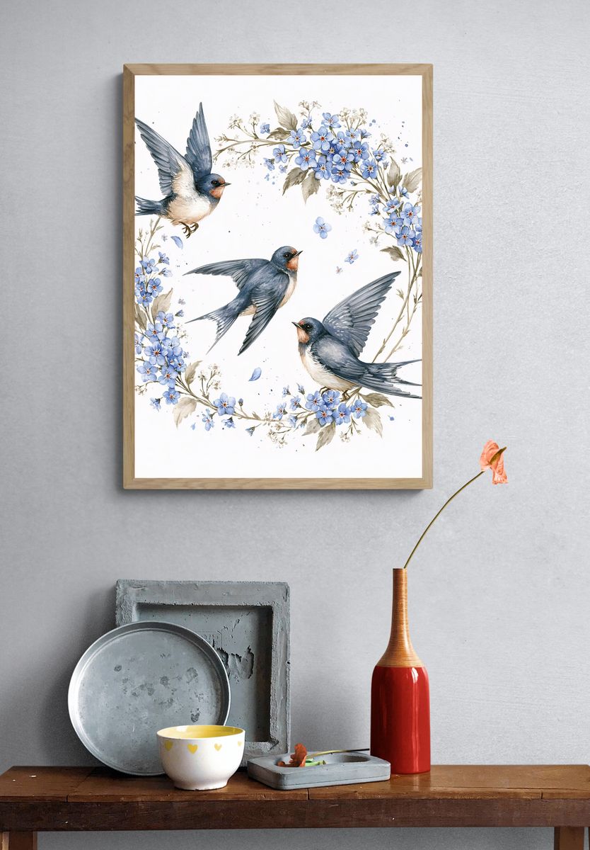 Swallows and Blue Flowers Watercolor Poster. — room view 3