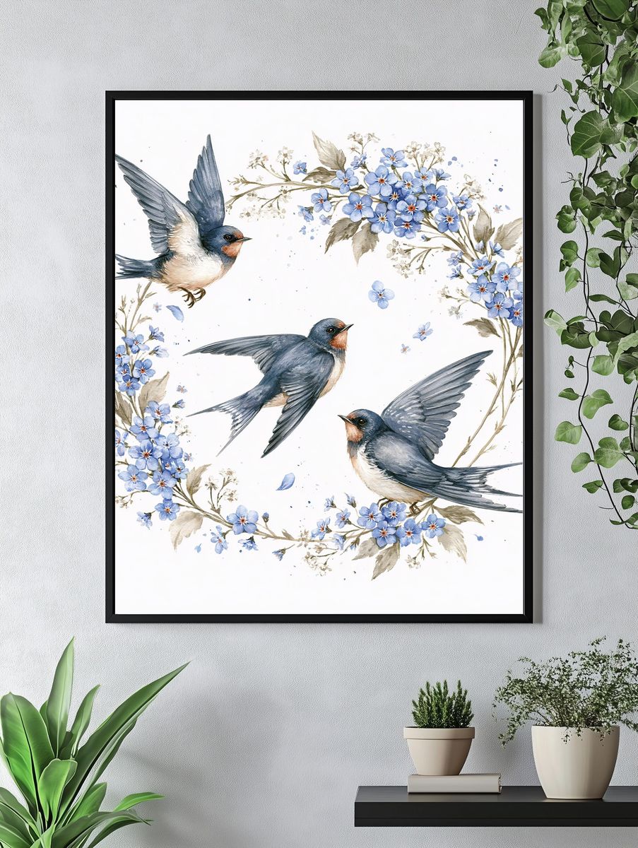 Swallows and Blue Flowers Watercolor Poster. — room view 4