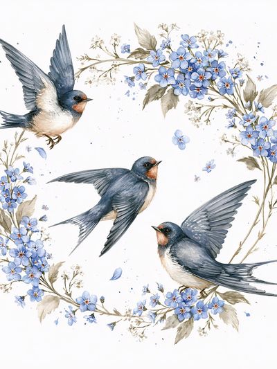 Swallows and Blue Flowers Watercolor Poster. poster