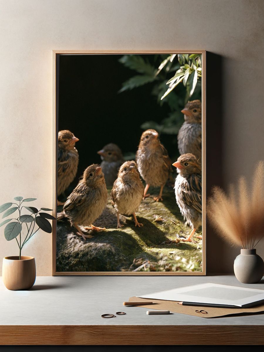 Baby Birds in Sunlight Poster. — room view 2