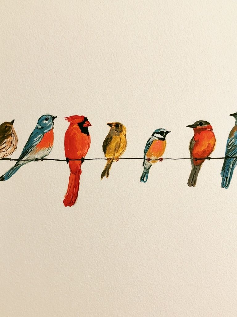 Colorful Birds on Wire Illustration Poster. poster detail