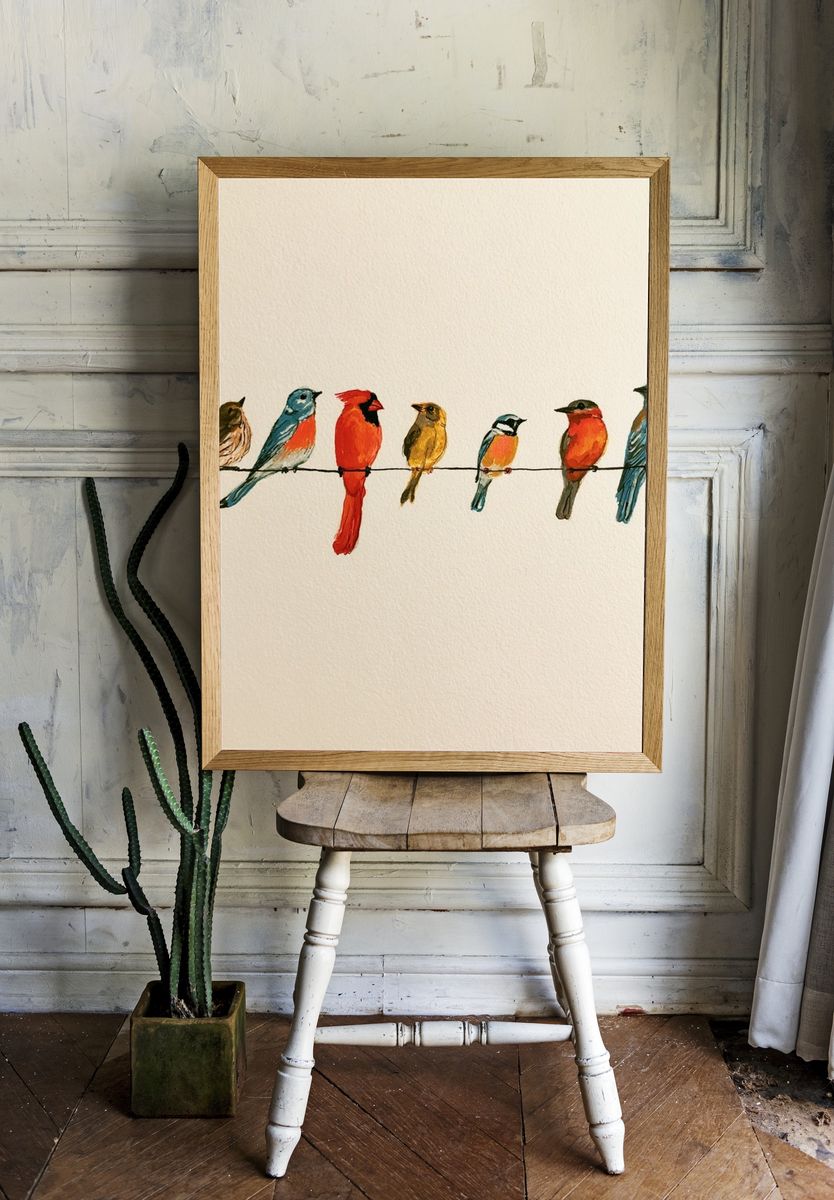 Colorful Birds on Wire Illustration Poster. — room view 1