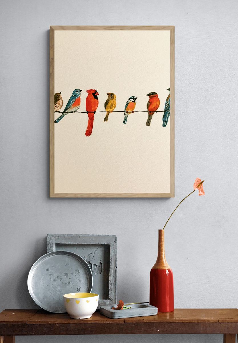 Colorful Birds on Wire Illustration Poster. — room view 3