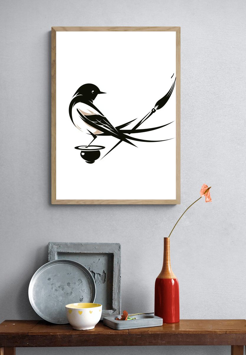 Stylized Bird Ink Poster. — room view 3