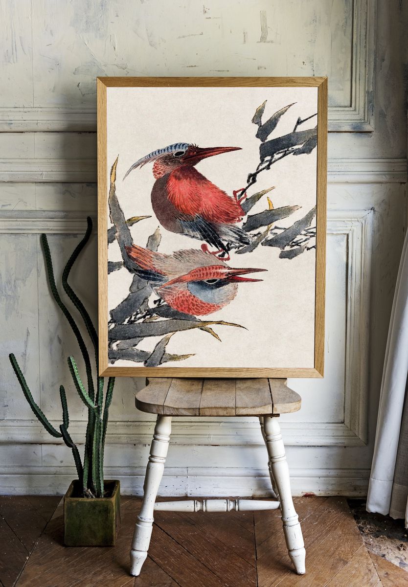 Colorful Birds on Branch — Illustration Print. room preview