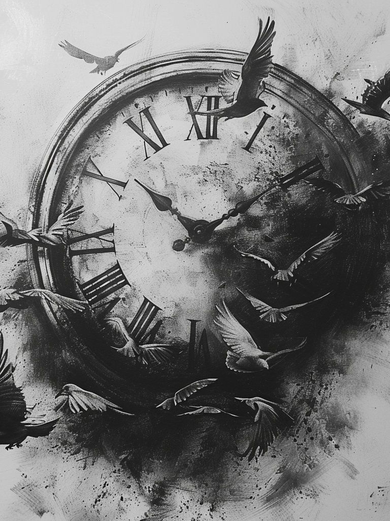 Flying Birds Clock Surreal Print. poster — animals art