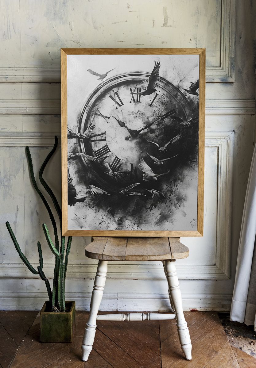 Flying Birds Clock Surreal Print. — room view 1