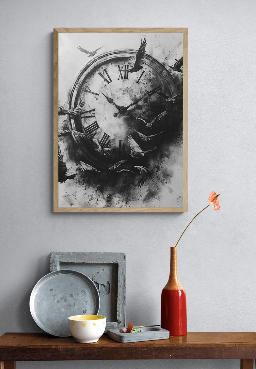 Flying Birds Clock Surreal Print. — room view 3