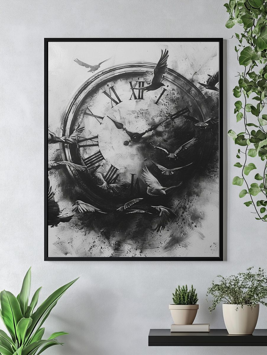 Flying Birds Clock Surreal Print. — room view 4