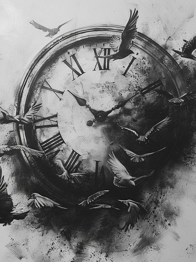 Flying Birds Clock Surreal Print.
