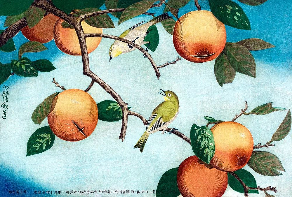 Persimmons White-Eyes (1880) Kobayashi Kiyochika. poster — animals art