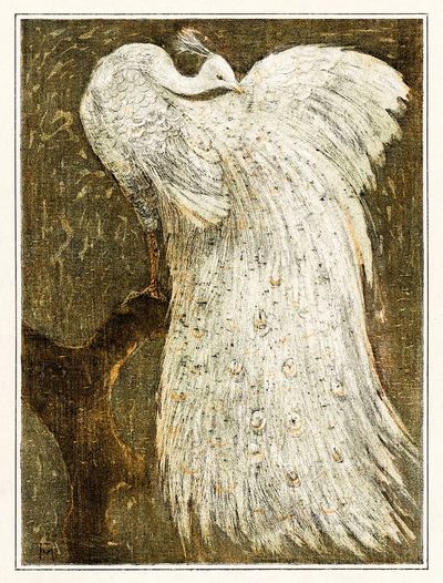 Witte pauw op tak (1878–1910). poster