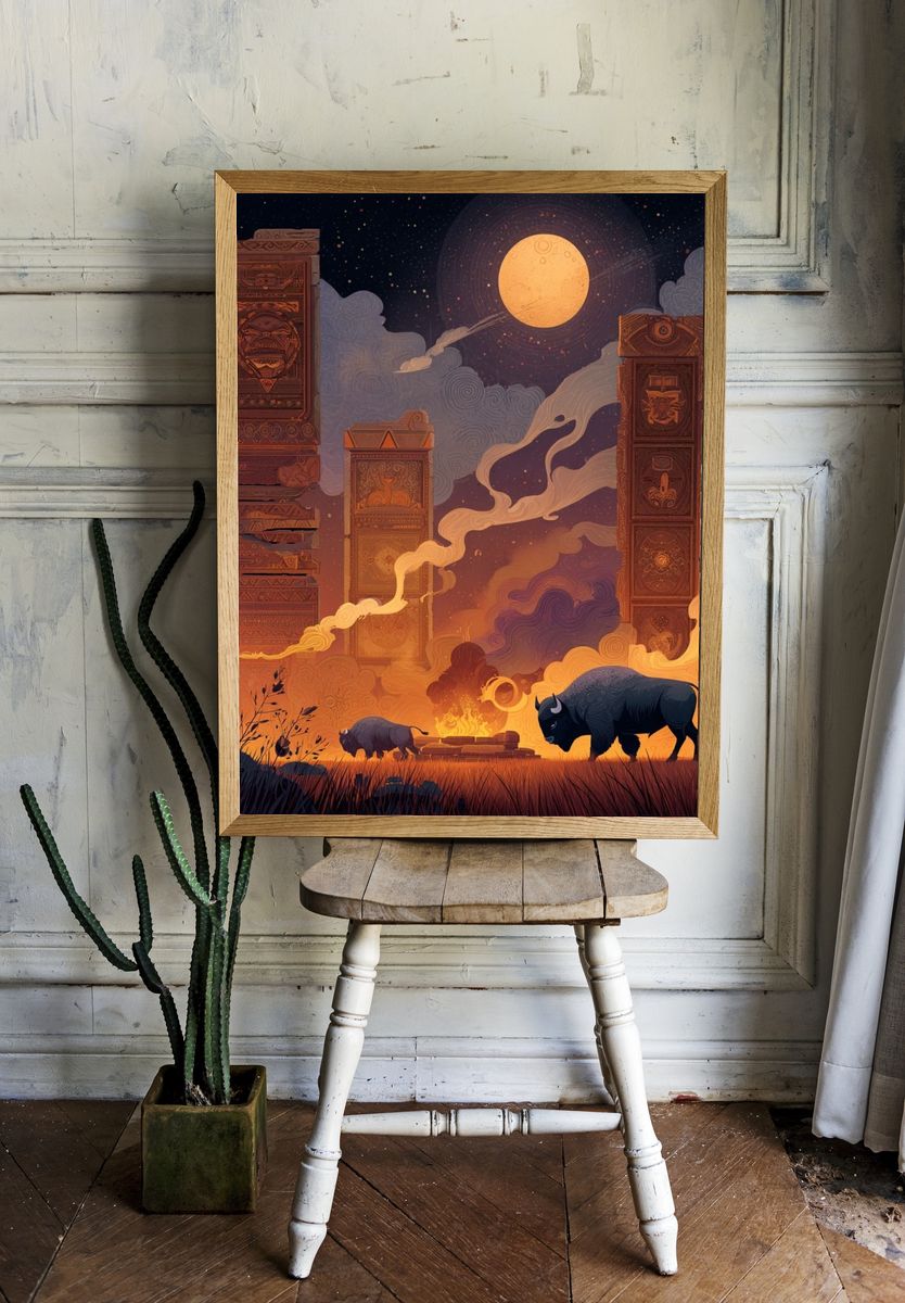 Mystical Night with Bison — Illustration Print room preview
