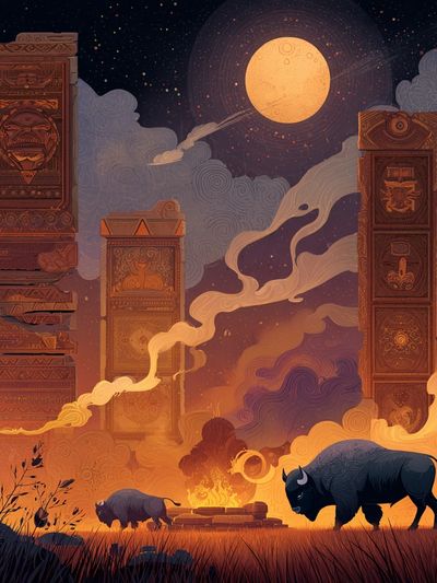 Mystical Night with Bison — Illustration Print. poster