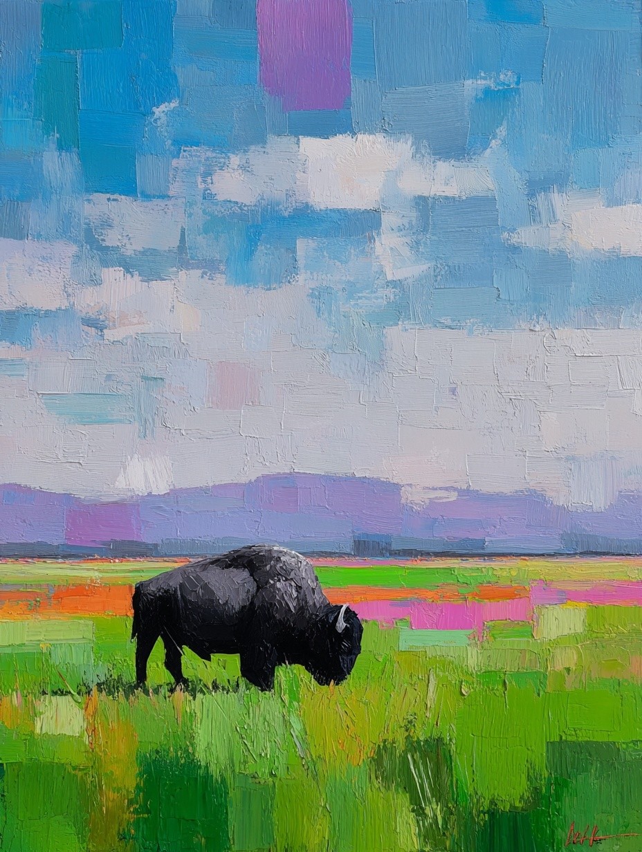 Bison in Vibrant Landscape Poster. poster detail