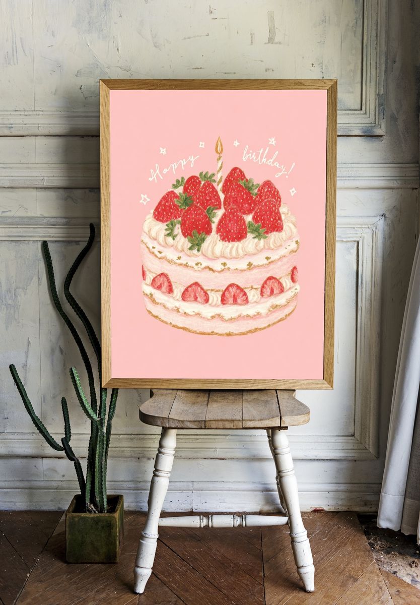 Strawberry Birthday Cake — Illustration Print. room preview