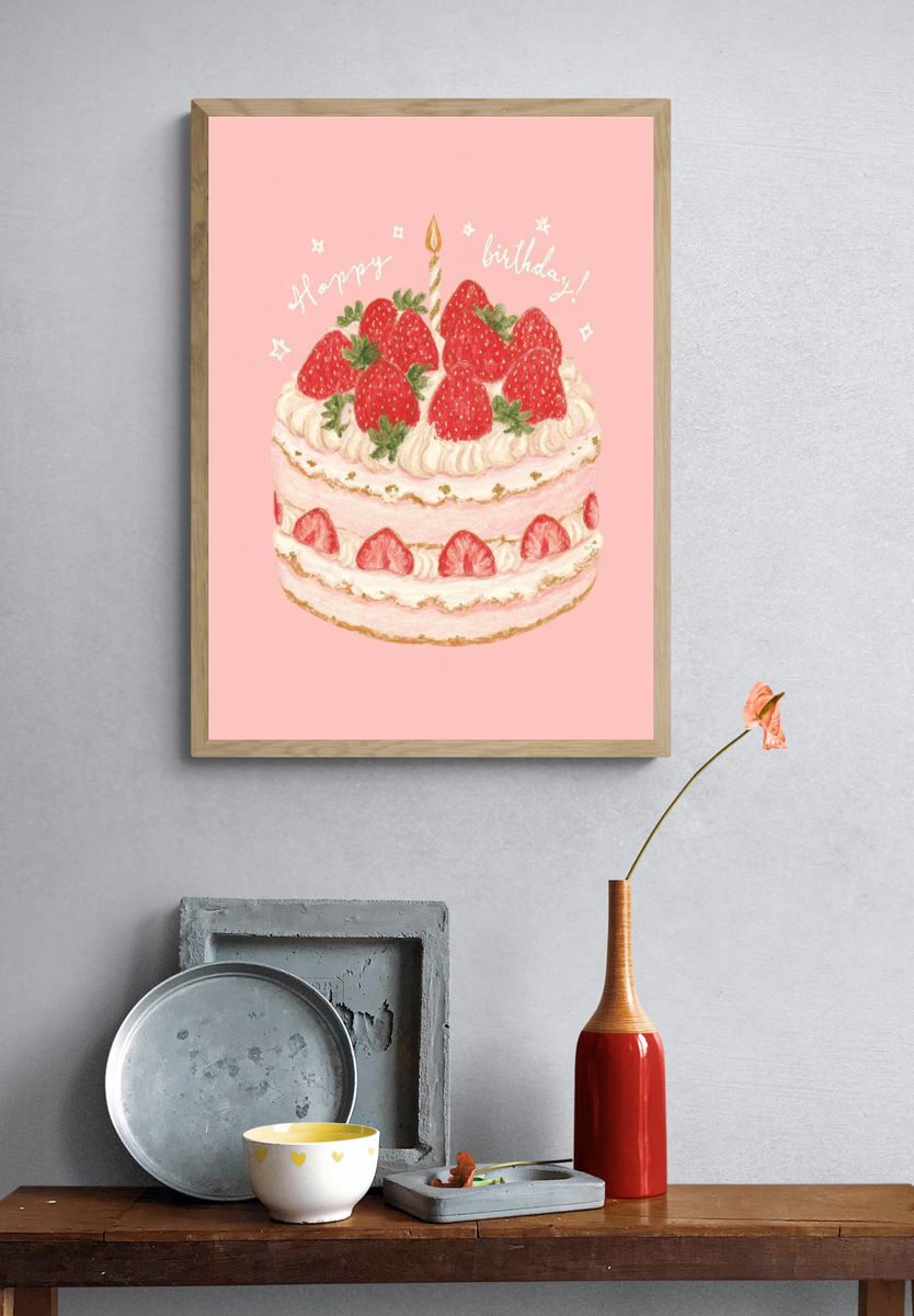 Strawberry Birthday Cake — Illustration Print. — room view 3