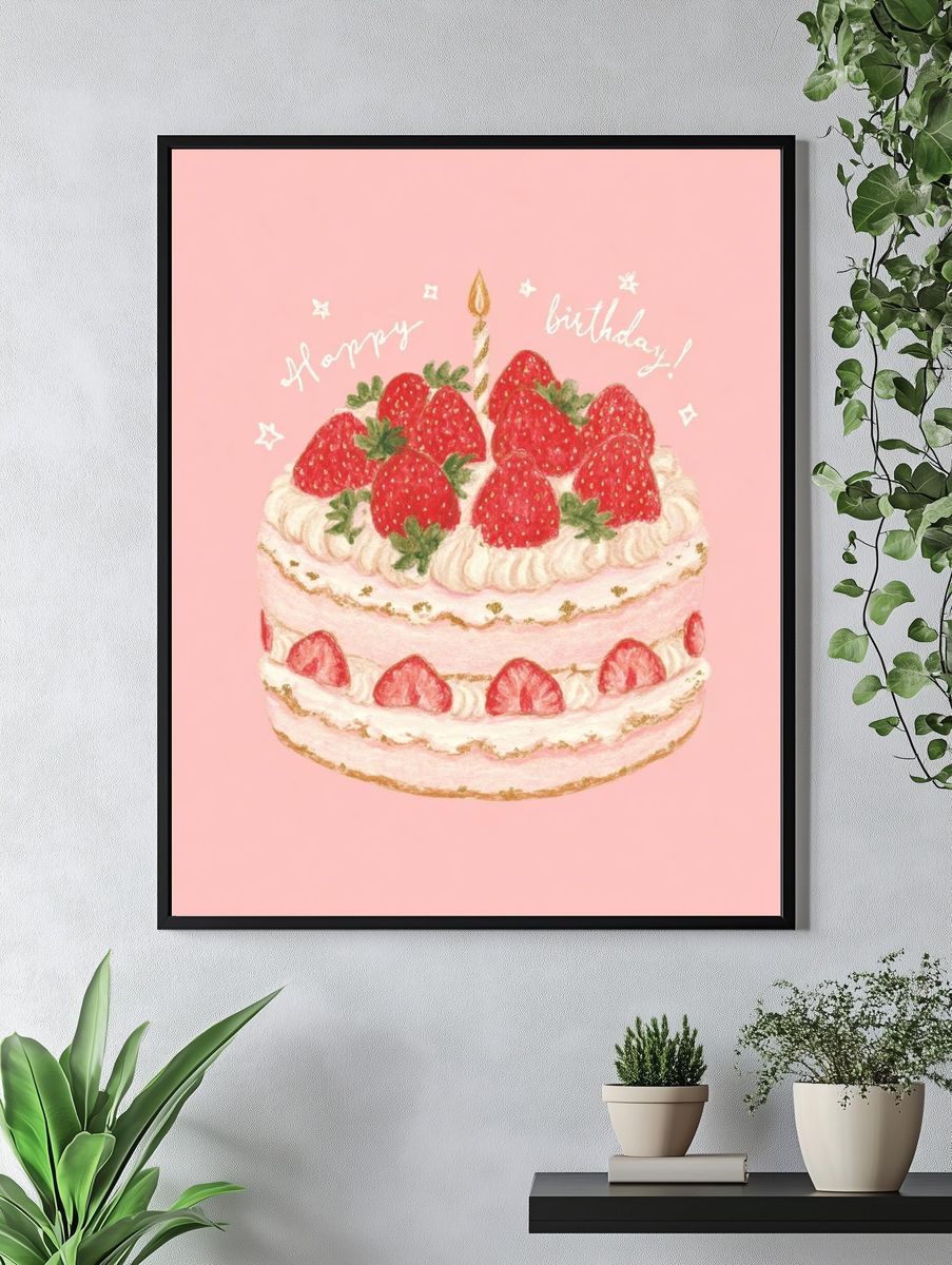 Strawberry Birthday Cake — Illustration Print. — room view 4