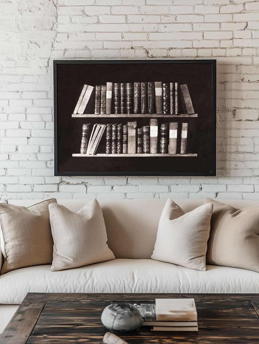 Vintage Bookshelf — Black-White Print room preview