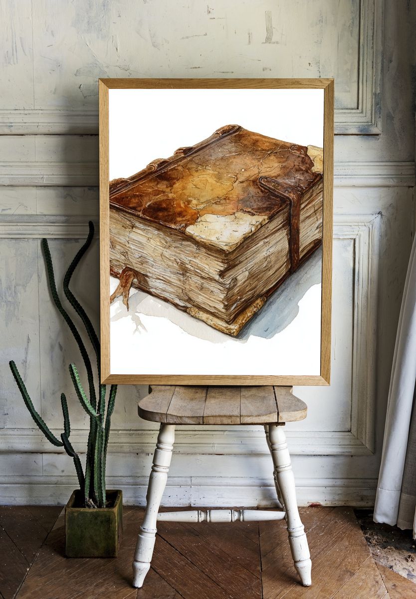 Ancient Book Watercolor Print. room preview