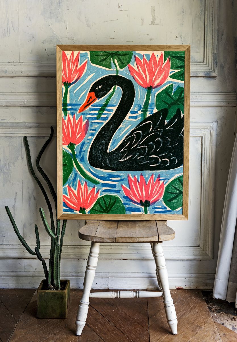 Black Swan Lotus Illustration Poster. room preview