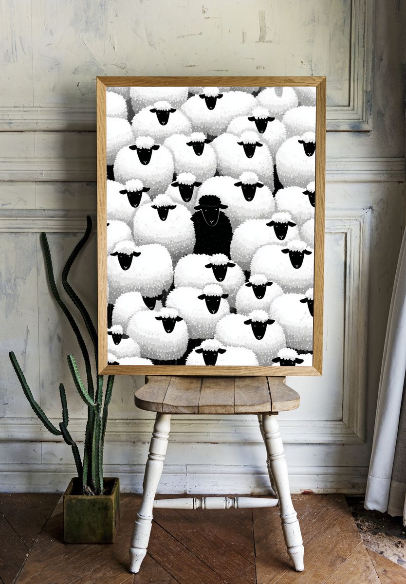 Black Sheep Among White Sheep — Illustration Print. — room view 1