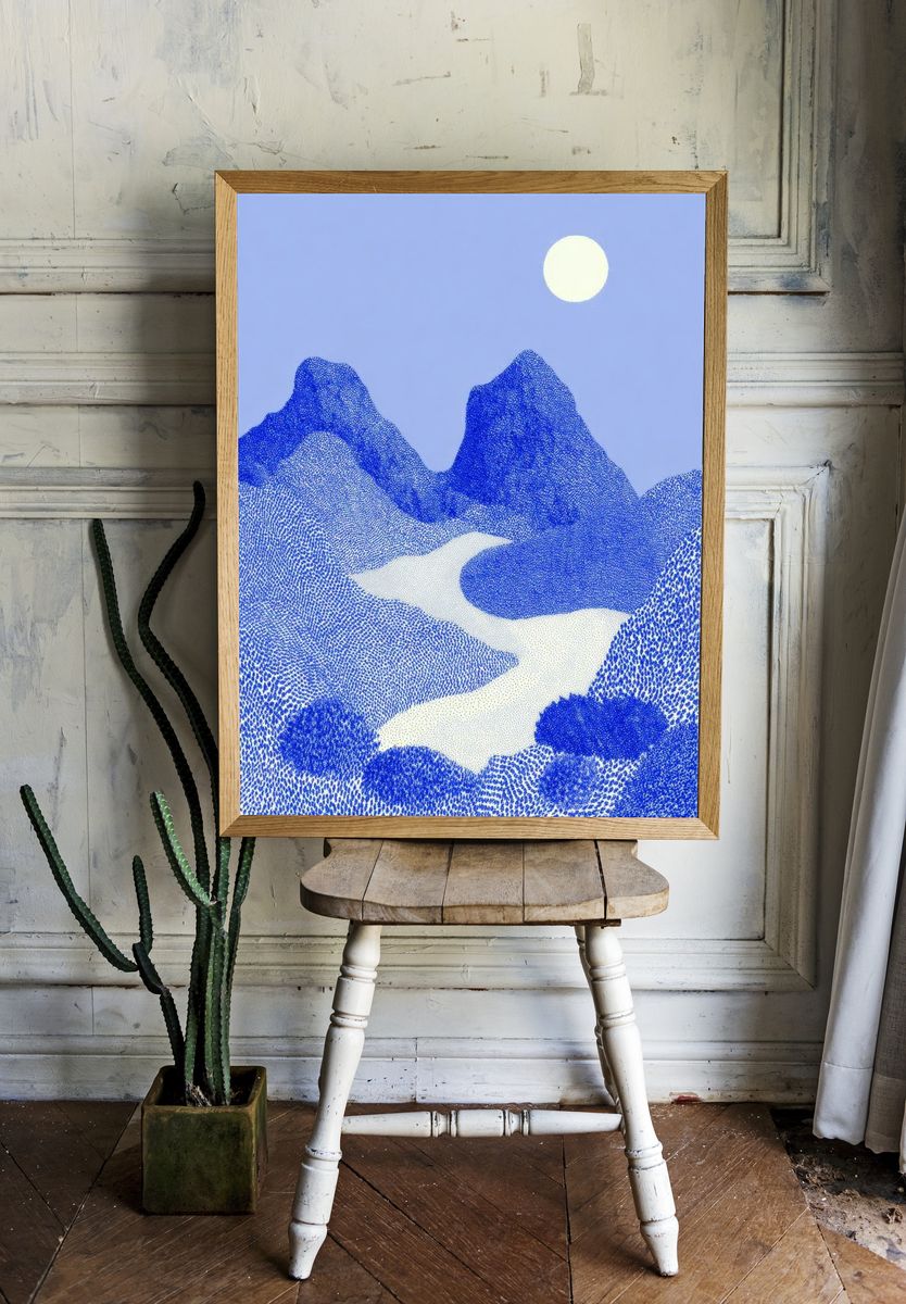 Blue Mountains and River — Minimalist Print room preview