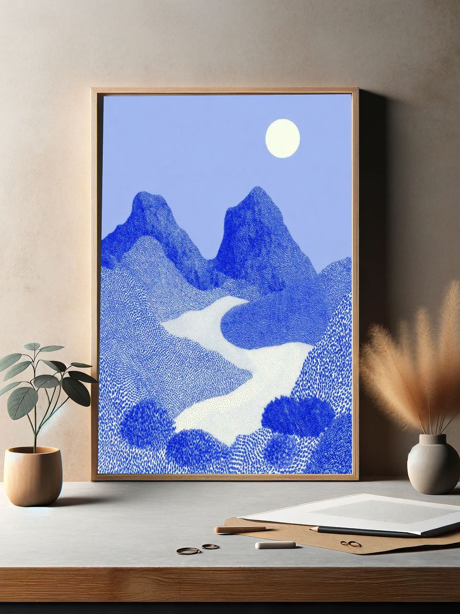Blue Mountains and River — Minimalist Print. — room view 2