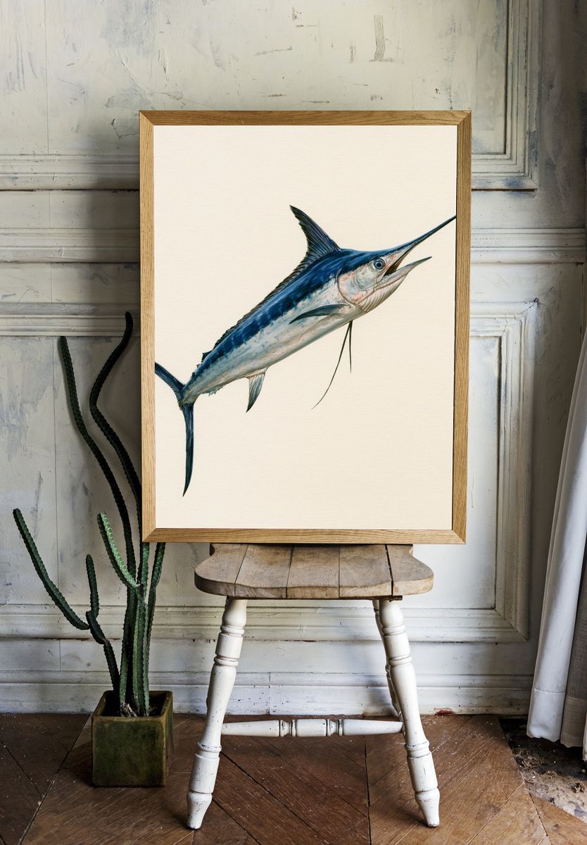 Blue Marlin Watercolor Poster. — room view 1