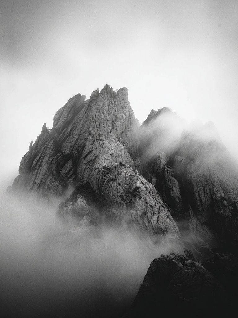 Misty Mountain Peaks — Black-White Print. poster — photography art