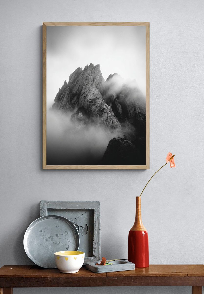 Misty Mountain Peaks — Black-White Print. — room view 3