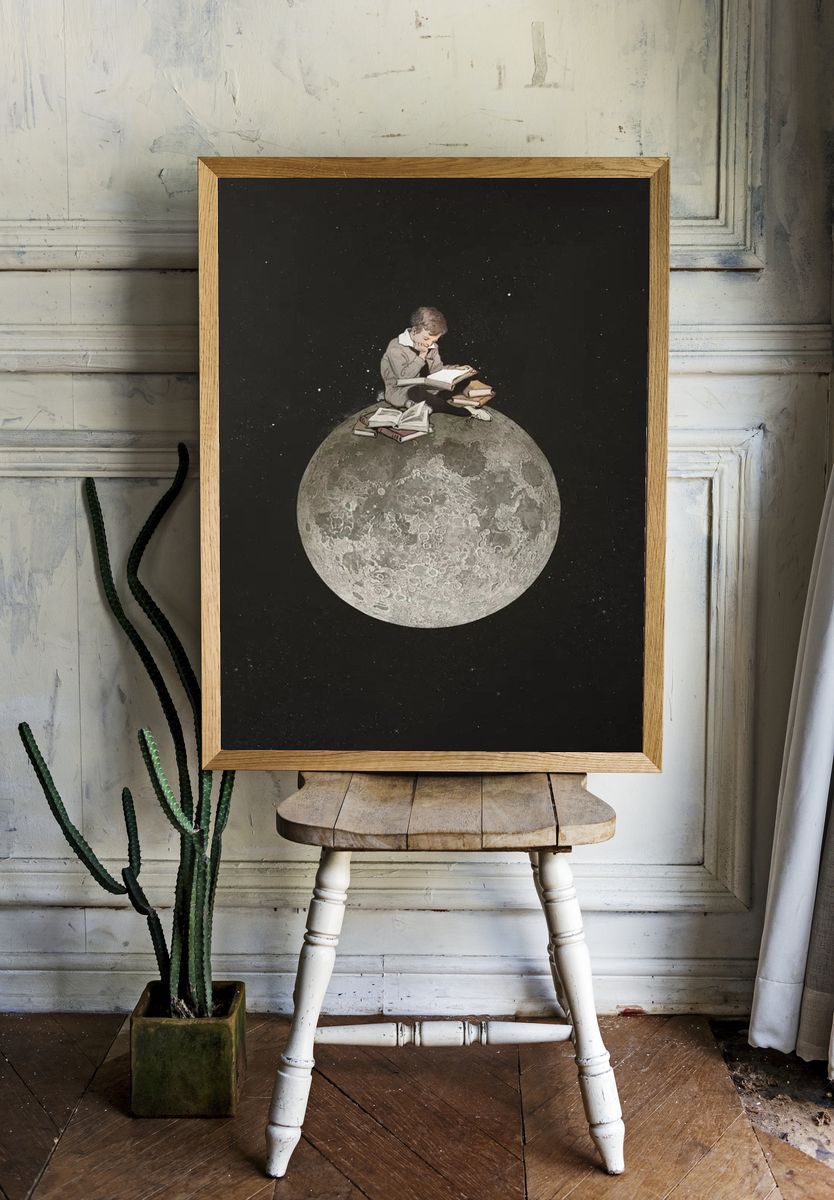 Boy Reading on the Moon — Illustration Print. — room view 1