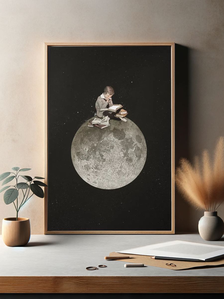 Boy Reading on the Moon — Illustration Print. — room view 2