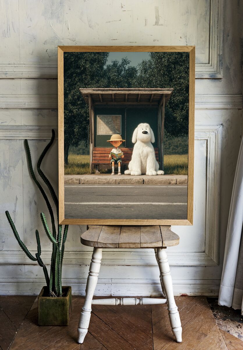 Boy and Dog at Bus Stop — Illustration Print room preview
