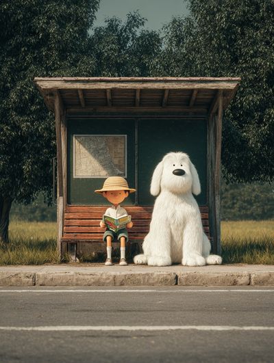 Boy and Dog at Bus Stop