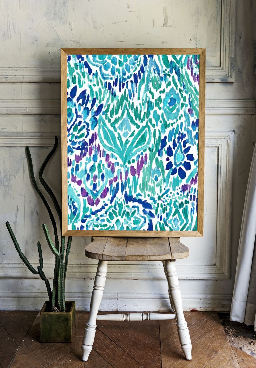 Watercolor Ikat Pattern Print. room preview