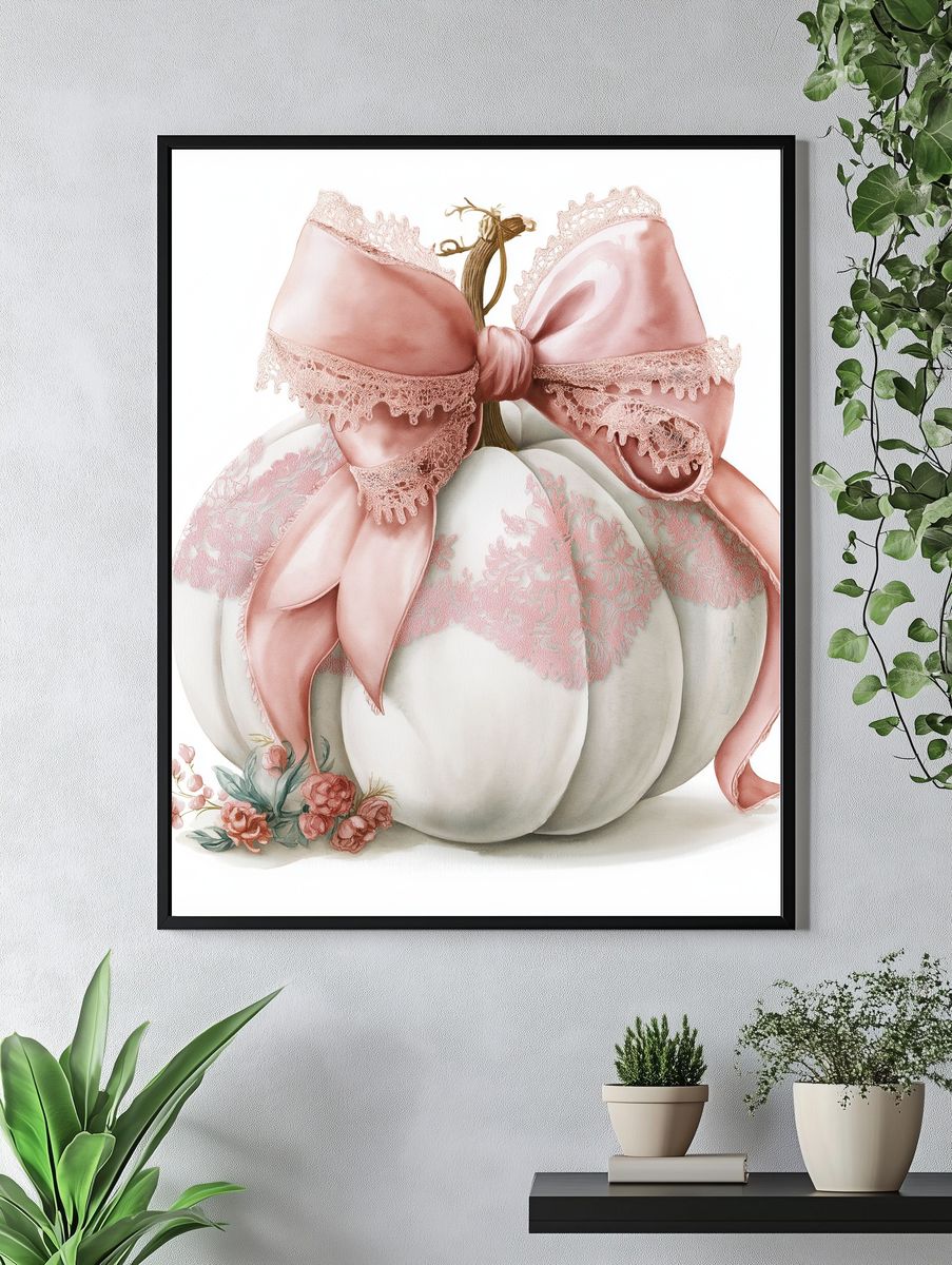 Pink Bow Pumpkin Watercolor Print. — room view 4