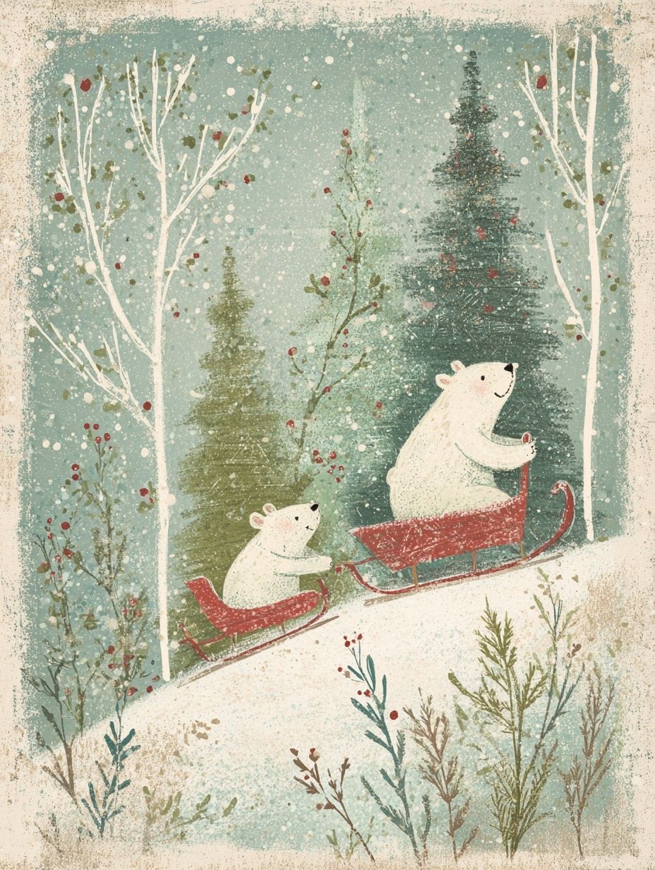 Bears on a Sleigh — Winter Illustration Print. poster detail
