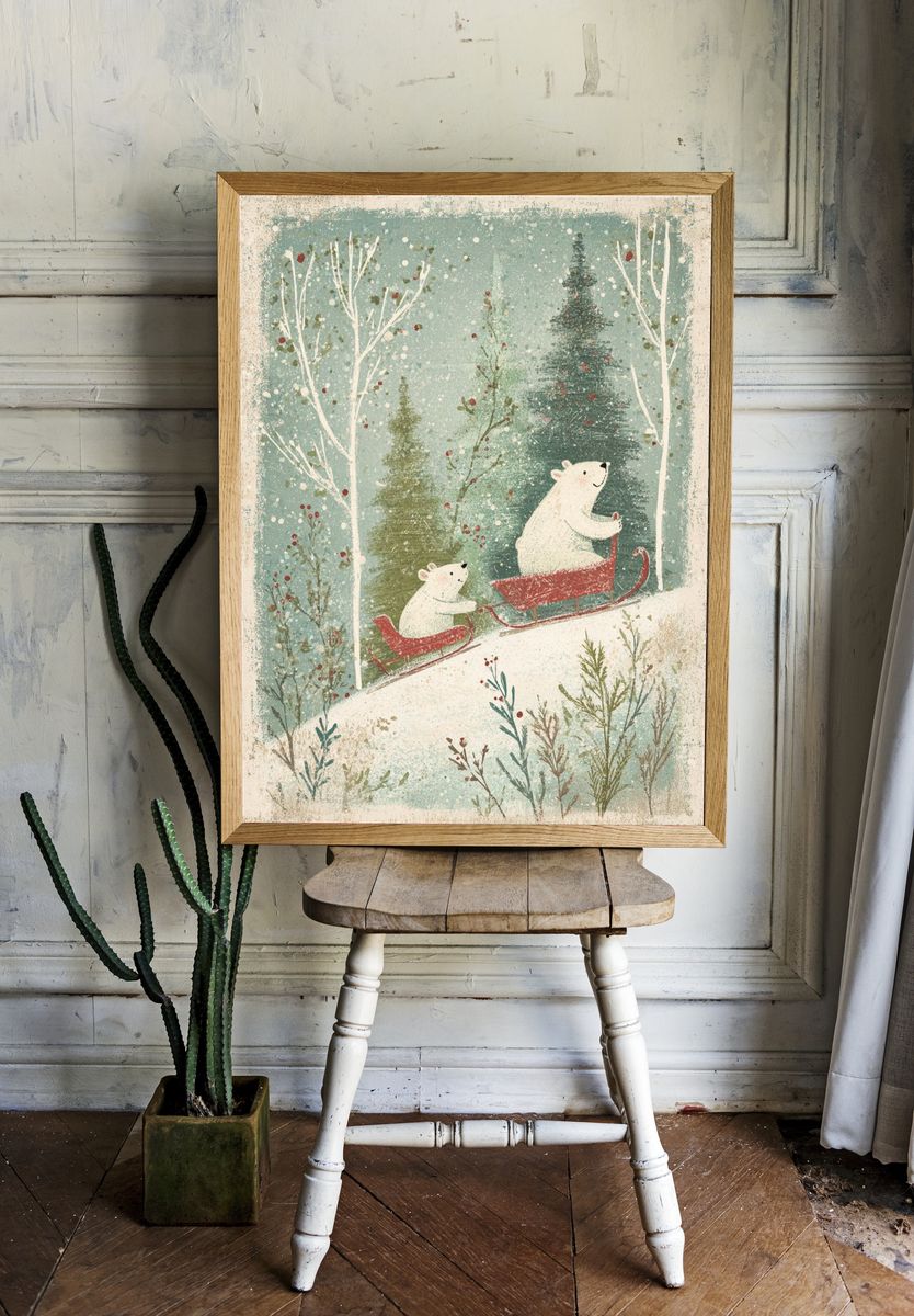 Bears on a Sleigh — Winter Illustration Print room preview