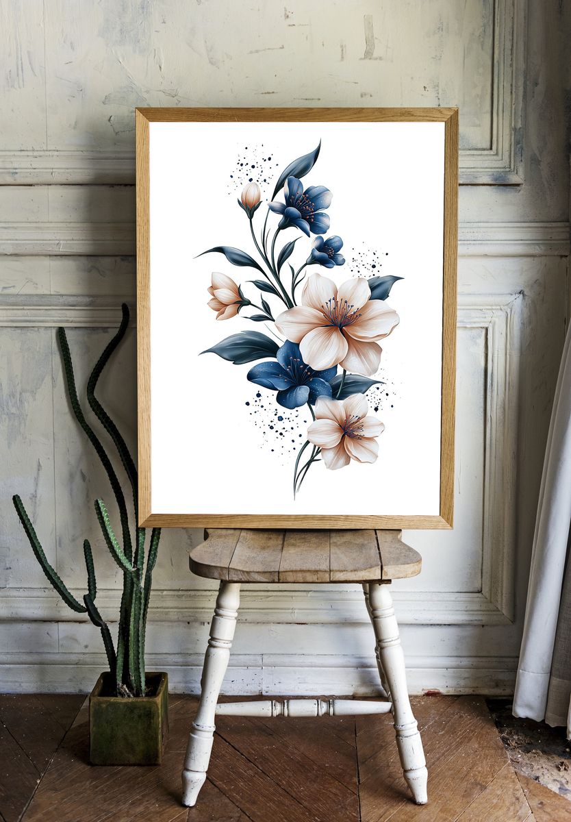 Blue Floral Botanical Poster. — room view 1