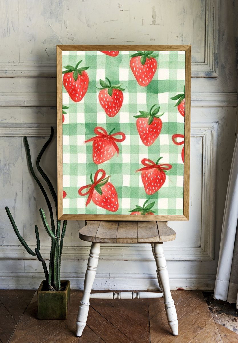 Strawberry Gingham Pattern Print. room preview